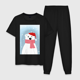Мужская пижама хлопок с принтом Мультяшный белый медведь в красной шапке с шарфом в Санкт-Петербурге, 100% хлопок | брюки и футболка прямого кроя, без карманов, на брюках мягкая резинка на поясе и по низу штанин
 | 