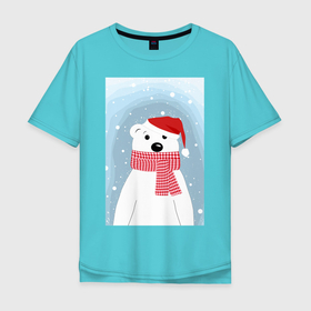Мужская футболка хлопок Oversize с принтом Мультяшный белый медведь в красной шапке с шарфом в Екатеринбурге, 100% хлопок | свободный крой, круглый ворот, “спинка” длиннее передней части | 