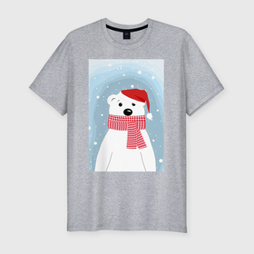 Мужская футболка хлопок Slim с принтом Мультяшный белый медведь в красной шапке с шарфом в Петрозаводске, 92% хлопок, 8% лайкра | приталенный силуэт, круглый вырез ворота, длина до линии бедра, короткий рукав | 