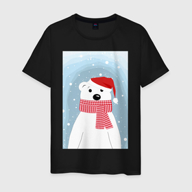 Мужская футболка хлопок с принтом Мультяшный белый медведь в красной шапке с шарфом в Курске, 100% хлопок | прямой крой, круглый вырез горловины, длина до линии бедер, слегка спущенное плечо. | 