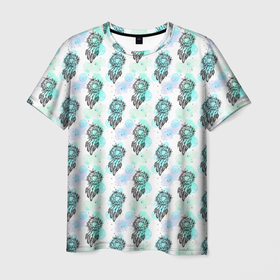 Мужская футболка 3D с принтом Ловцы снов на пастельном фоне, паттерн , 100% полиэфир | прямой крой, круглый вырез горловины, длина до линии бедер | 