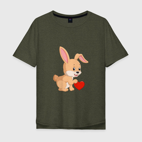 Мужская футболка хлопок Oversize с принтом Кролик с сердечком в Петрозаводске, 100% хлопок | свободный крой, круглый ворот, “спинка” длиннее передней части | 