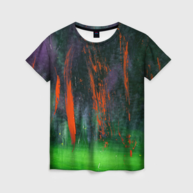 Женская футболка 3D с принтом Абстрактный зелёный туман и красная краска , 100% полиэфир ( синтетическое хлопкоподобное полотно) | прямой крой, круглый вырез горловины, длина до линии бедер | 