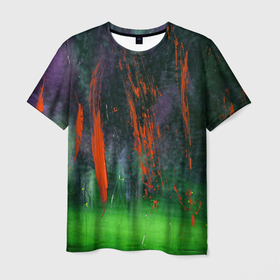 Мужская футболка 3D с принтом Абстрактный зелёный туман и красная краска в Санкт-Петербурге, 100% полиэфир | прямой крой, круглый вырез горловины, длина до линии бедер | 