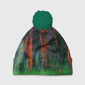 Шапка 3D c помпоном с принтом Абстрактный зелёный туман и красная краска в Белгороде, 100% полиэстер | универсальный размер, печать по всей поверхности изделия | 