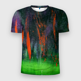 Мужская футболка 3D Slim с принтом Абстрактный зелёный туман и красная краска в Новосибирске, 100% полиэстер с улучшенными характеристиками | приталенный силуэт, круглая горловина, широкие плечи, сужается к линии бедра | 