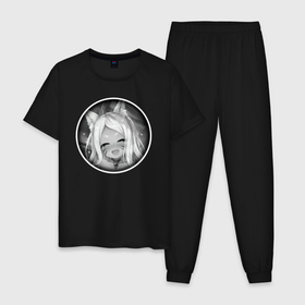 Мужская пижама хлопок с принтом Ахегао девушка с ушками в Кировске, 100% хлопок | брюки и футболка прямого кроя, без карманов, на брюках мягкая резинка на поясе и по низу штанин
 | 