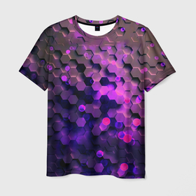 Мужская футболка 3D с принтом Плиты фиолетовый неон , 100% полиэфир | прямой крой, круглый вырез горловины, длина до линии бедер | 