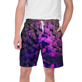 Мужские шорты 3D с принтом Плиты фиолетовый неон в Кировске,  полиэстер 100% | прямой крой, два кармана без застежек по бокам. Мягкая трикотажная резинка на поясе, внутри которой широкие завязки. Длина чуть выше колен | 