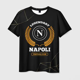 Мужская футболка 3D с принтом Лого Napoli и надпись legendary football club на темном фоне в Белгороде, 100% полиэфир | прямой крой, круглый вырез горловины, длина до линии бедер | 