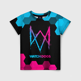 Детская футболка 3D с принтом Watch Dogs   neon gradient в Кировске, 100% гипоаллергенный полиэфир | прямой крой, круглый вырез горловины, длина до линии бедер, чуть спущенное плечо, ткань немного тянется | Тематика изображения на принте: 