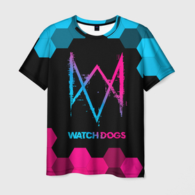 Мужская футболка 3D с принтом Watch Dogs   neon gradient в Петрозаводске, 100% полиэфир | прямой крой, круглый вырез горловины, длина до линии бедер | 