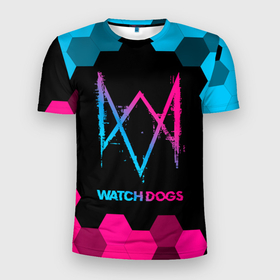 Мужская футболка 3D Slim с принтом Watch Dogs   neon gradient в Кировске, 100% полиэстер с улучшенными характеристиками | приталенный силуэт, круглая горловина, широкие плечи, сужается к линии бедра | Тематика изображения на принте: 
