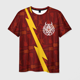 Мужская футболка 3D с принтом Disturbed гитары и молния в Кировске, 100% полиэфир | прямой крой, круглый вырез горловины, длина до линии бедер | 