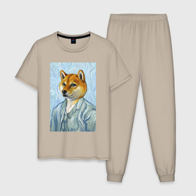 Мужская пижама хлопок с принтом Corgi   Van Gogh в Курске, 100% хлопок | брюки и футболка прямого кроя, без карманов, на брюках мягкая резинка на поясе и по низу штанин
 | 