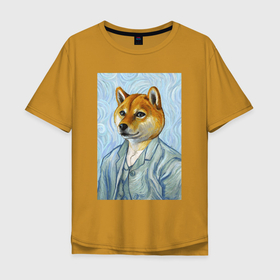 Мужская футболка хлопок Oversize с принтом Corgi   Van Gogh в Кировске, 100% хлопок | свободный крой, круглый ворот, “спинка” длиннее передней части | Тематика изображения на принте: 