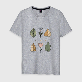Мужская футболка хлопок с принтом Цвети и листья минимализм в Екатеринбурге, 100% хлопок | прямой крой, круглый вырез горловины, длина до линии бедер, слегка спущенное плечо. | 