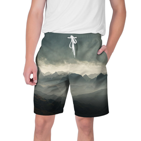 Мужские шорты 3D с принтом Пасмурная погода в горах. Пейзаж в Курске,  полиэстер 100% | прямой крой, два кармана без застежек по бокам. Мягкая трикотажная резинка на поясе, внутри которой широкие завязки. Длина чуть выше колен | 