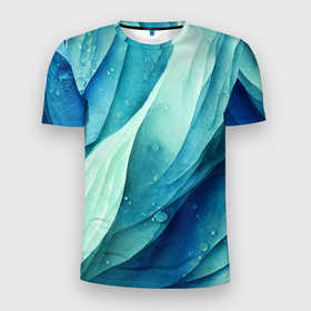 Мужская футболка 3D Slim с принтом Акварельные синие узоры в Новосибирске, 100% полиэстер с улучшенными характеристиками | приталенный силуэт, круглая горловина, широкие плечи, сужается к линии бедра | 