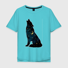 Мужская футболка хлопок Oversize с принтом Wolf howling at night , 100% хлопок | свободный крой, круглый ворот, “спинка” длиннее передней части | 