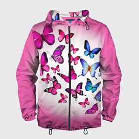 Мужская ветровка 3D с принтом Бабочки на розовом фоне в Тюмени, 100% полиэстер | подол и капюшон оформлены резинкой с фиксаторами, два кармана без застежек по бокам, один потайной карман на груди | 