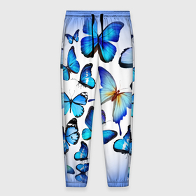 Мужские брюки 3D с принтом Бабочки на синем фоне в Кировске, 100% полиэстер | манжеты по низу, эластичный пояс регулируется шнурком, по бокам два кармана без застежек, внутренняя часть кармана из мелкой сетки | 