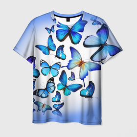 Мужская футболка 3D с принтом Бабочки на синем фоне в Белгороде, 100% полиэфир | прямой крой, круглый вырез горловины, длина до линии бедер | 