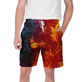 Мужские шорты 3D с принтом Огненный цветок с дымом ,  полиэстер 100% | прямой крой, два кармана без застежек по бокам. Мягкая трикотажная резинка на поясе, внутри которой широкие завязки. Длина чуть выше колен | 
