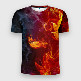 Мужская футболка 3D Slim с принтом Огненный цветок с дымом в Курске, 100% полиэстер с улучшенными характеристиками | приталенный силуэт, круглая горловина, широкие плечи, сужается к линии бедра | Тематика изображения на принте: 