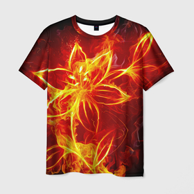 Мужская футболка 3D с принтом Цветок из огня на чёрном фоне в Курске, 100% полиэфир | прямой крой, круглый вырез горловины, длина до линии бедер | 