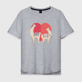Мужская футболка хлопок Oversize с принтом Лама и альпака на фоне красного сердца в Екатеринбурге, 100% хлопок | свободный крой, круглый ворот, “спинка” длиннее передней части | 