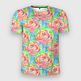 Мужская футболка 3D Slim с принтом Алые розы акварель в Петрозаводске, 100% полиэстер с улучшенными характеристиками | приталенный силуэт, круглая горловина, широкие плечи, сужается к линии бедра | 
