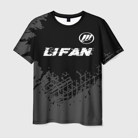 Мужская футболка 3D с принтом Lifan speed на темном фоне со следами шин: символ сверху в Тюмени, 100% полиэфир | прямой крой, круглый вырез горловины, длина до линии бедер | 