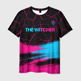 Мужская футболка 3D с принтом The Witcher   neon gradient: символ сверху в Курске, 100% полиэфир | прямой крой, круглый вырез горловины, длина до линии бедер | 