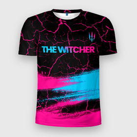 Мужская футболка 3D Slim с принтом The Witcher   neon gradient: символ сверху в Белгороде, 100% полиэстер с улучшенными характеристиками | приталенный силуэт, круглая горловина, широкие плечи, сужается к линии бедра | 