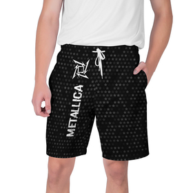 Мужские шорты 3D с принтом Metallica glitch на темном фоне: по вертикали ,  полиэстер 100% | прямой крой, два кармана без застежек по бокам. Мягкая трикотажная резинка на поясе, внутри которой широкие завязки. Длина чуть выше колен | 