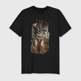 Мужская футболка хлопок Slim с принтом Прикольный котёнок в шляпе в Курске, 92% хлопок, 8% лайкра | приталенный силуэт, круглый вырез ворота, длина до линии бедра, короткий рукав | 