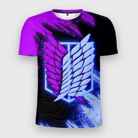 Мужская футболка 3D Slim с принтом Attack on Titan logo neon в Кировске, 100% полиэстер с улучшенными характеристиками | приталенный силуэт, круглая горловина, широкие плечи, сужается к линии бедра | 