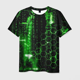 Мужская футболка 3D с принтом Зелёный программный код в Рязани, 100% полиэфир | прямой крой, круглый вырез горловины, длина до линии бедер | 