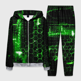 Мужской костюм 3D с принтом Зелёный программный код в Санкт-Петербурге, 100% полиэстер | Манжеты и пояс оформлены тканевой резинкой, двухслойный капюшон со шнурком для регулировки, карманы спереди | 
