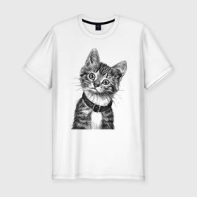 Мужская футболка хлопок Slim с принтом Прикольный котёнок в ошейнике в Курске, 92% хлопок, 8% лайкра | приталенный силуэт, круглый вырез ворота, длина до линии бедра, короткий рукав | 