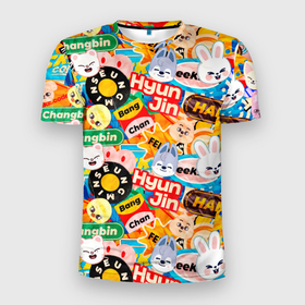 Мужская футболка 3D Slim с принтом skzoo stickers characters в Санкт-Петербурге, 100% полиэстер с улучшенными характеристиками | приталенный силуэт, круглая горловина, широкие плечи, сужается к линии бедра | 