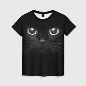 Женская футболка 3D с принтом Взгляд чёрного кота в Тюмени, 100% полиэфир ( синтетическое хлопкоподобное полотно) | прямой крой, круглый вырез горловины, длина до линии бедер | Тематика изображения на принте: 