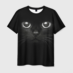 Мужская футболка 3D с принтом Взгляд чёрного кота , 100% полиэфир | прямой крой, круглый вырез горловины, длина до линии бедер | Тематика изображения на принте: 