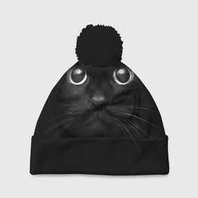 Шапка 3D c помпоном с принтом Взгляд чёрного кота в Петрозаводске, 100% полиэстер | универсальный размер, печать по всей поверхности изделия | 