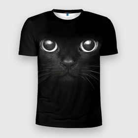 Мужская футболка 3D Slim с принтом Взгляд чёрного кота , 100% полиэстер с улучшенными характеристиками | приталенный силуэт, круглая горловина, широкие плечи, сужается к линии бедра | Тематика изображения на принте: 