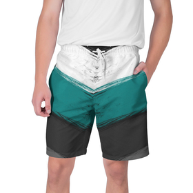 Мужские шорты 3D с принтом Абстрактный полосатый серо бирюзовый узор в Тюмени,  полиэстер 100% | прямой крой, два кармана без застежек по бокам. Мягкая трикотажная резинка на поясе, внутри которой широкие завязки. Длина чуть выше колен | 