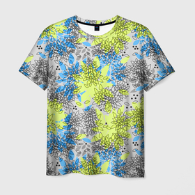 Мужская футболка 3D с принтом Цветочный узор Голубой и Лайм в Новосибирске, 100% полиэфир | прямой крой, круглый вырез горловины, длина до линии бедер | 