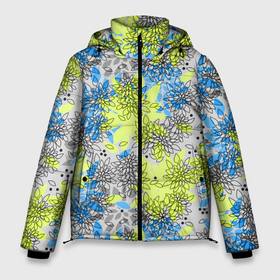 Мужская зимняя куртка 3D с принтом Цветочный узор Голубой и Лайм в Новосибирске, верх — 100% полиэстер; подкладка — 100% полиэстер; утеплитель — 100% полиэстер | длина ниже бедра, свободный силуэт Оверсайз. Есть воротник-стойка, отстегивающийся капюшон и ветрозащитная планка. 

Боковые карманы с листочкой на кнопках и внутренний карман на молнии. | 