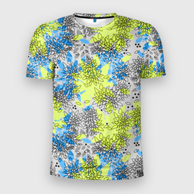 Мужская футболка 3D Slim с принтом Цветочный узор Голубой и Лайм в Белгороде, 100% полиэстер с улучшенными характеристиками | приталенный силуэт, круглая горловина, широкие плечи, сужается к линии бедра | 